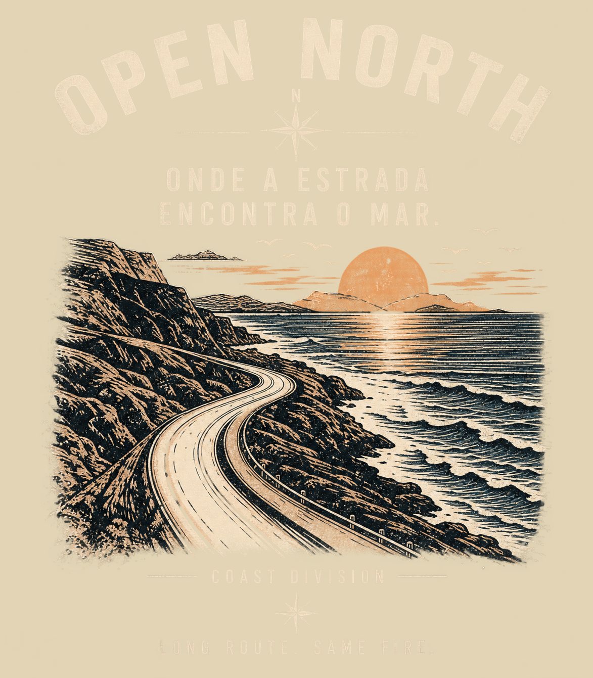 Ilustração autoral — a estrada encontrando o mar, direção Coast do Drop 001.