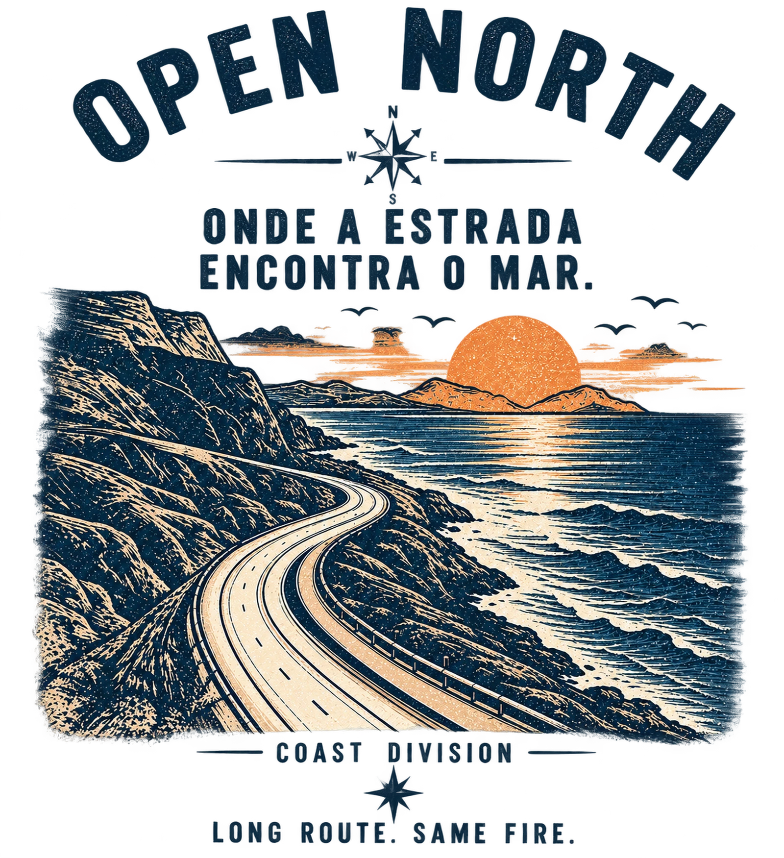 Ilustração autoral — a estrada encontrando o mar, direção Coast do Drop 001.