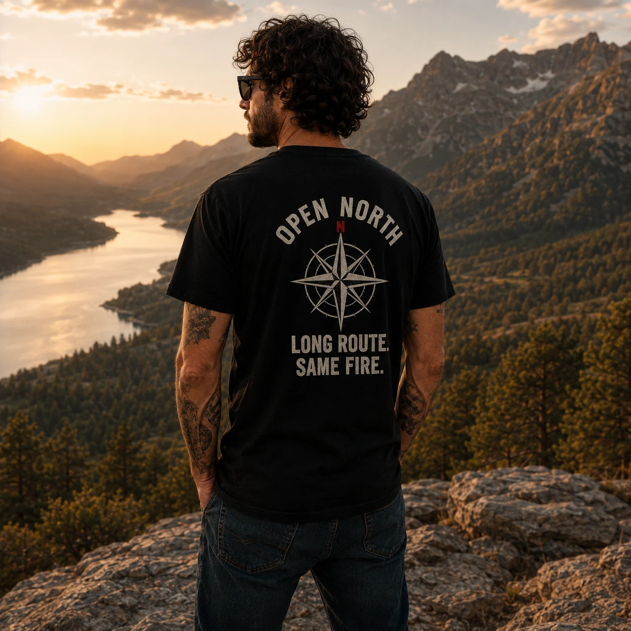 Homem de costas no alto de uma montanha vestindo a camiseta Compass preta, com a estampa Open North, bússola e Long Route. Same Fire., diante de um lago ao entardecer.