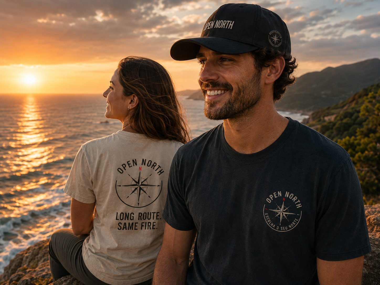 Casal sorrindo, sentado sobre rochas com o mar ao fundo, ao entardecer.