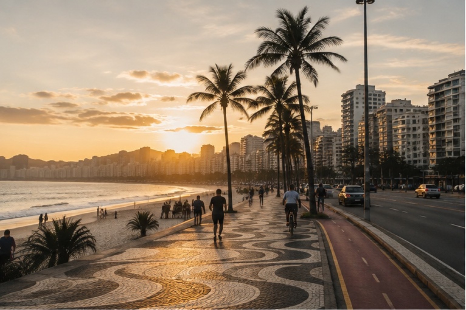 Orla de Santos ao entardecer, coqueiros e prédios à beira-mar.