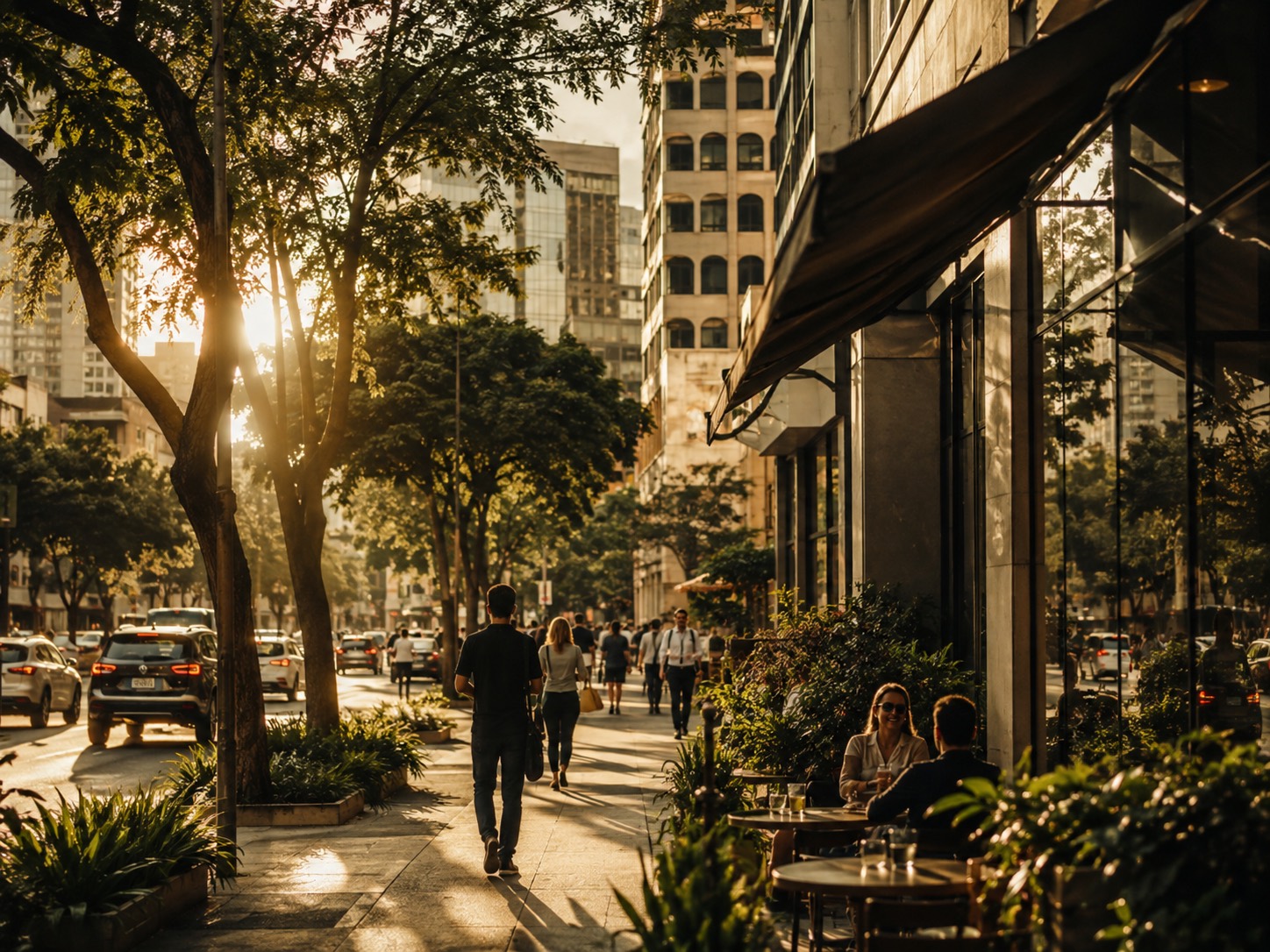 Rua urbana em São Paulo ao entardecer, gente caminhando e mesas de café na calçada.